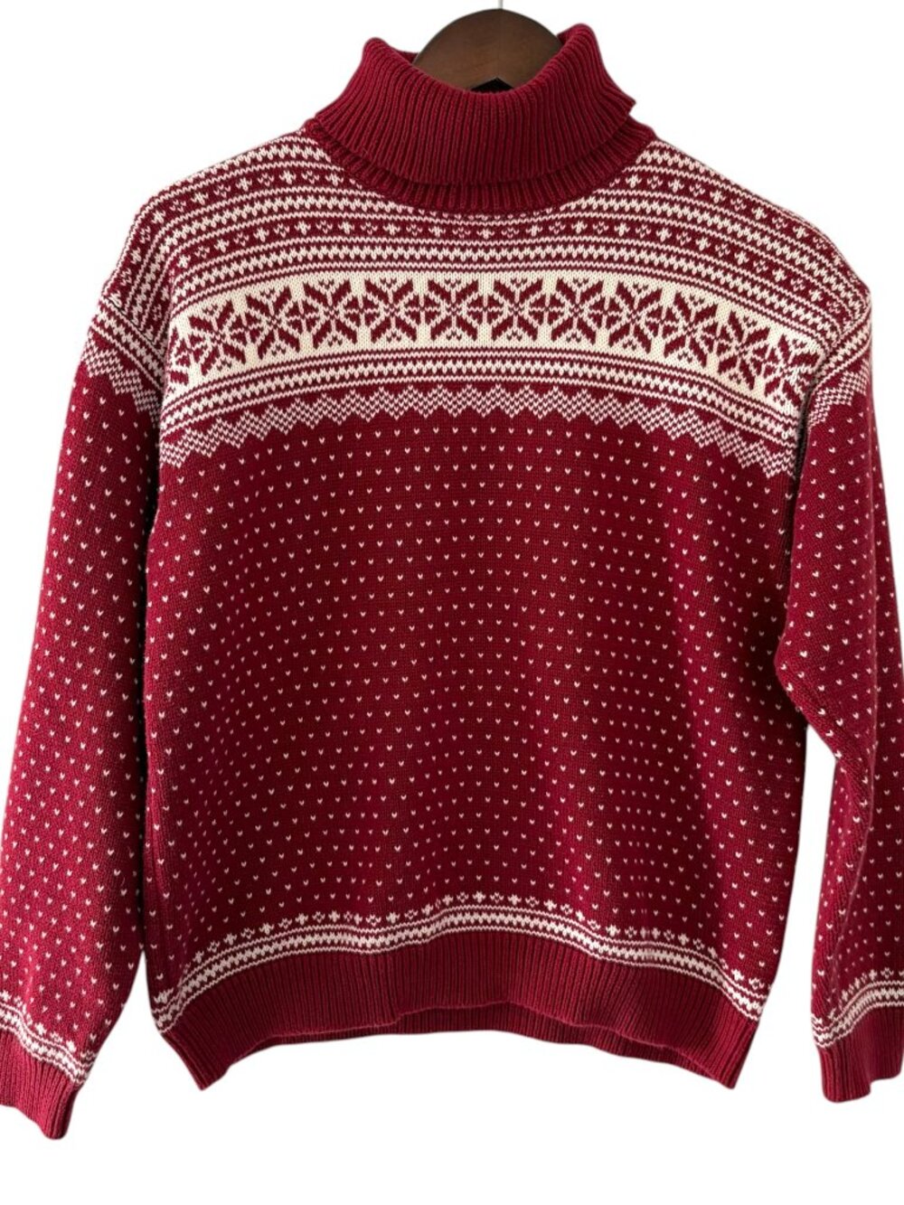 LL Bean Fair Isle Nordic Turtleneck Sweater Large L Red White Birdseye Cotton